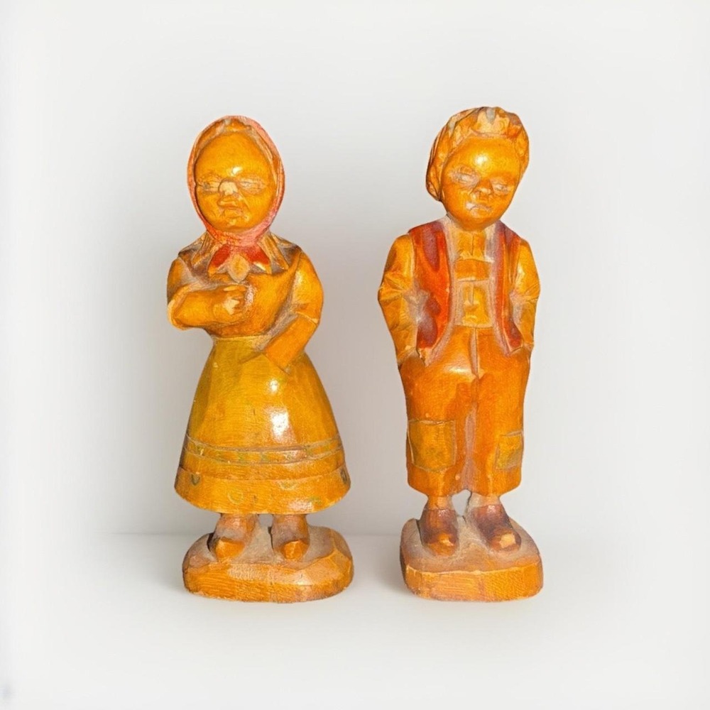 Vintage Hand Carved Wooden Folk Art Figurines Boy and Girl Set Traditional Decor